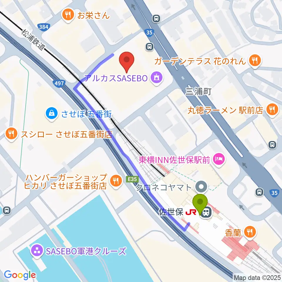 アルカスSASEBOの最寄駅佐世保駅からの徒歩ルート（約5分）地図
