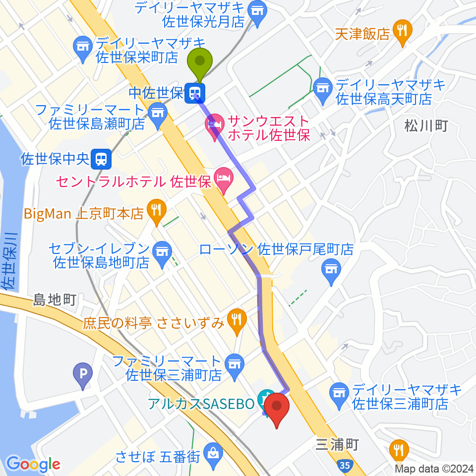 中佐世保駅からアルカスSASEBOへのルートマップ地図