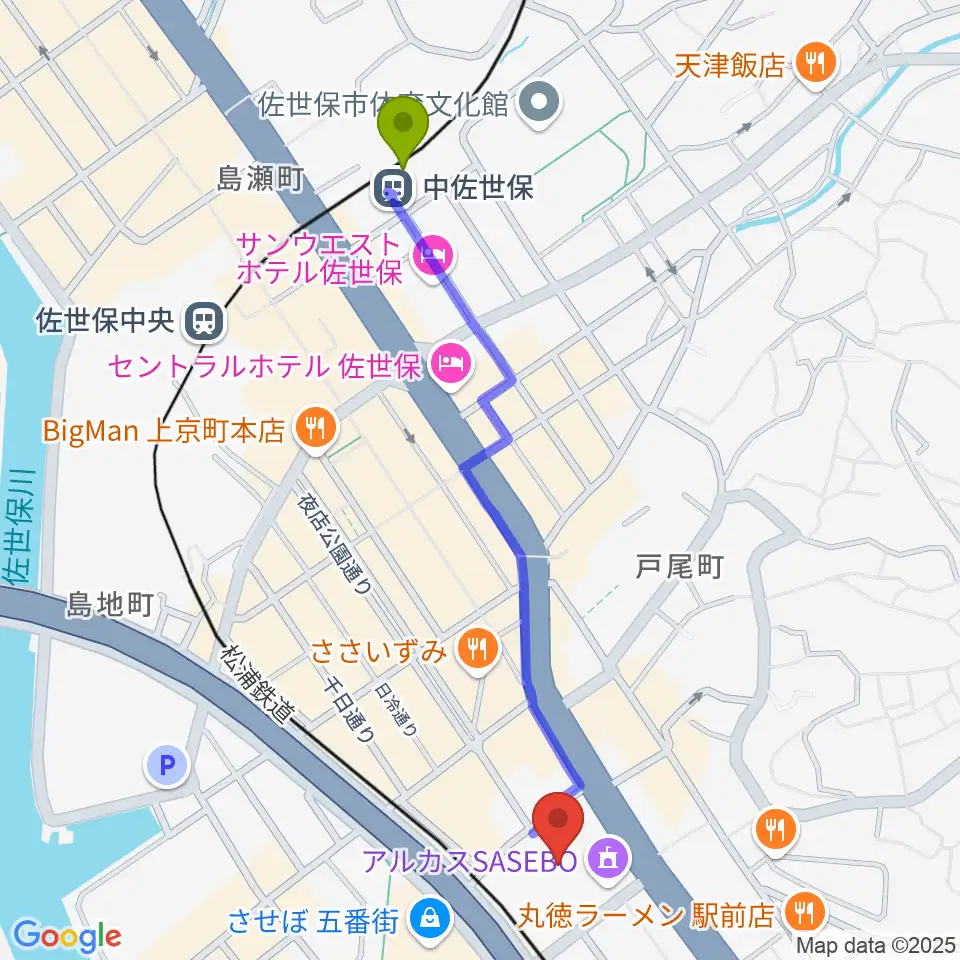 中佐世保駅からアルカスSASEBOへのルートマップ地図