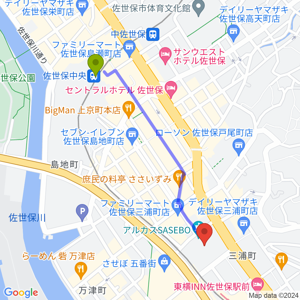 佐世保中央駅からアルカスSASEBOへのルートマップ地図