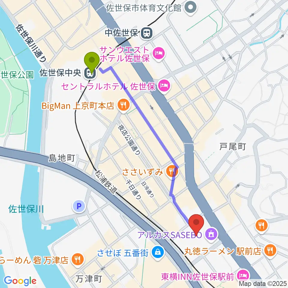 佐世保中央駅からアルカスSASEBOへのルートマップ地図