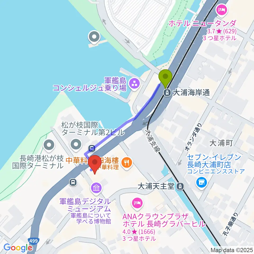 大浦海岸通駅から旧香港上海銀行長崎支店記念館へのルートマップ地図