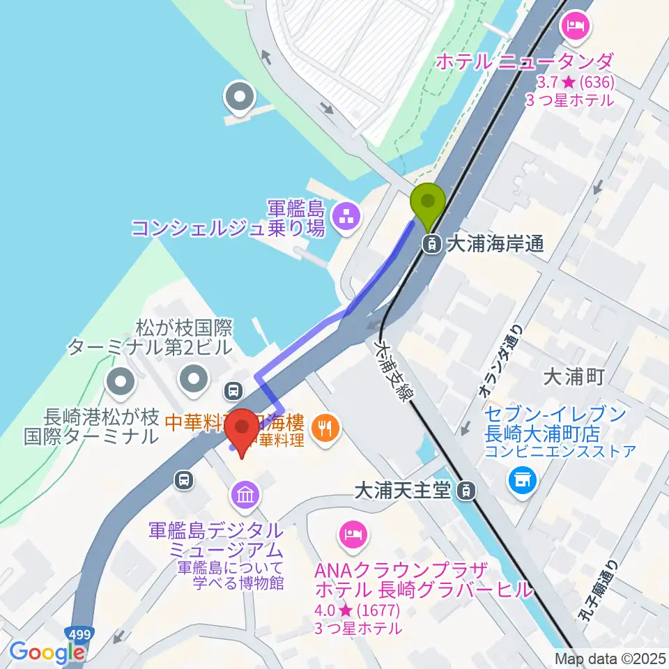 大浦海岸通駅から旧香港上海銀行長崎支店記念館へのルートマップ地図