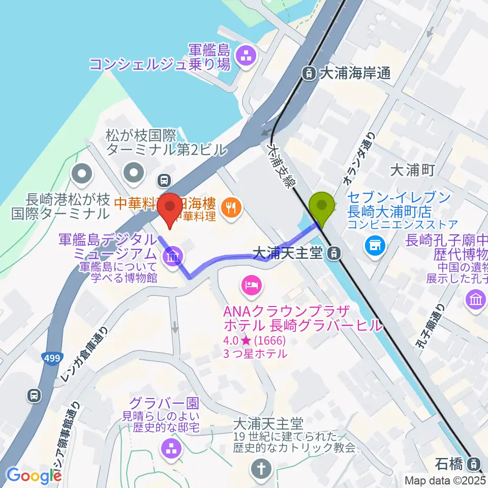 旧香港上海銀行長崎支店記念館の最寄駅大浦天主堂駅からの徒歩ルート（約2分）地図