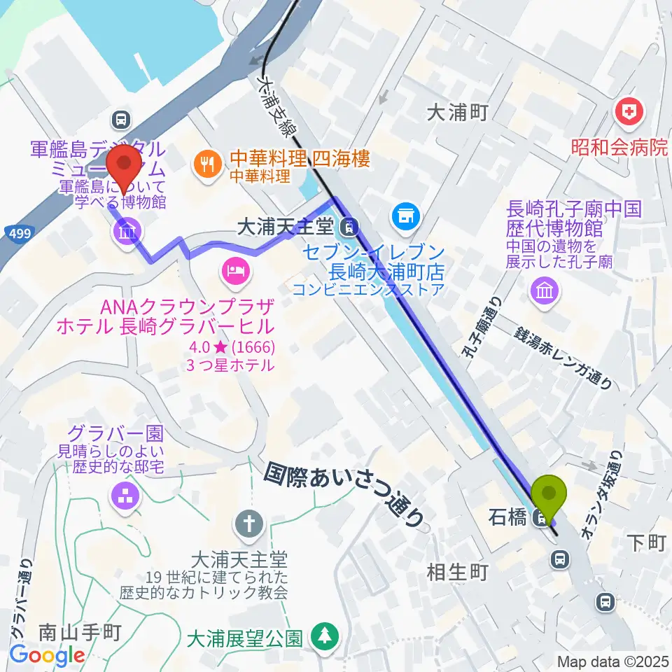 石橋駅から旧香港上海銀行長崎支店記念館へのルートマップ地図