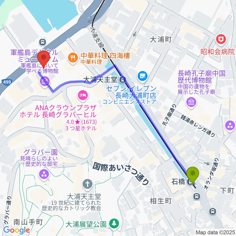 石橋駅から旧香港上海銀行長崎支店記念館へのルートマップ地図