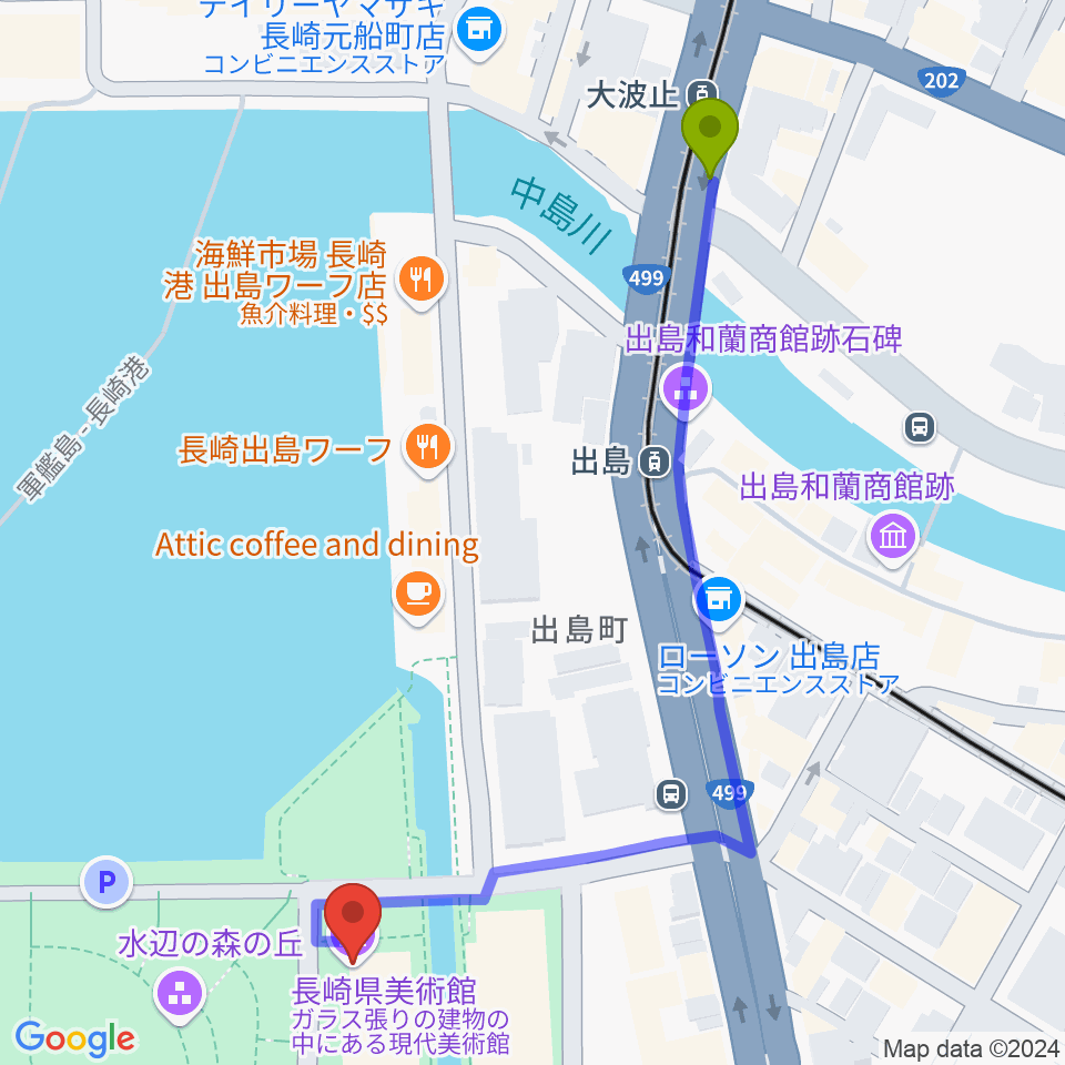 大波止駅から長崎県美術館へのルートマップ地図