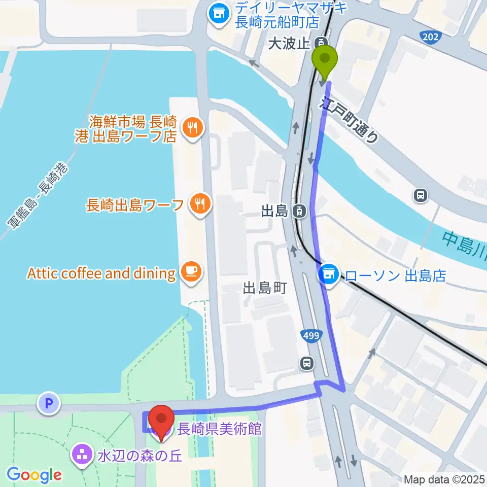 大波止駅から長崎県美術館へのルートマップ地図