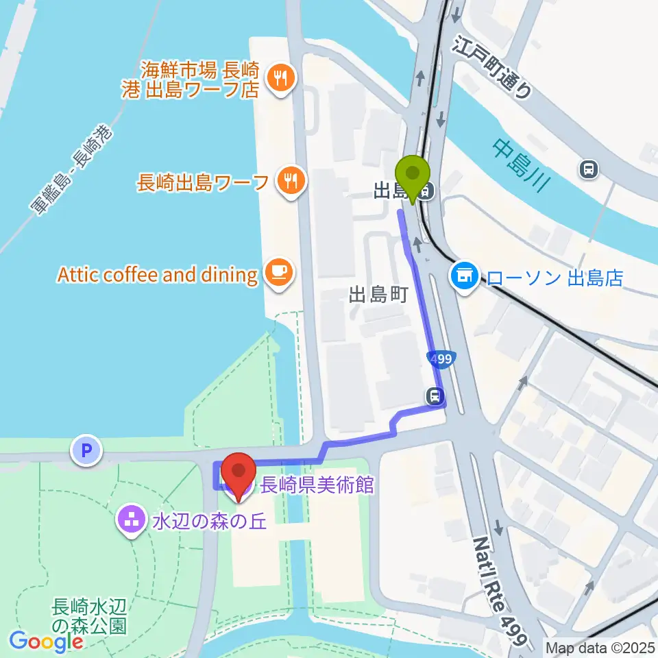 出島駅から長崎県美術館へのルートマップ地図