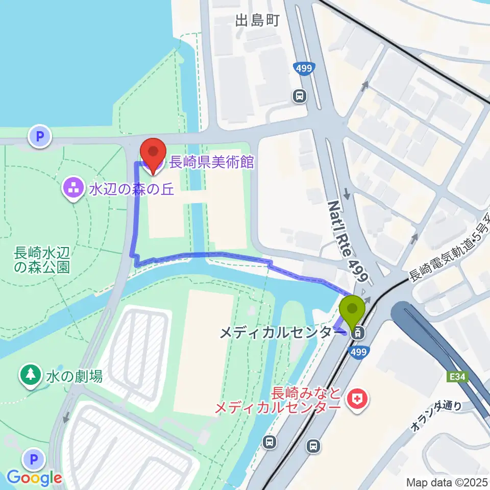 長崎県美術館の最寄駅メディカルセンター駅からの徒歩ルート（約4分）地図