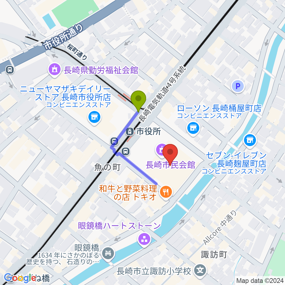 長崎市民会館の最寄駅市民会館駅からの徒歩ルート（約2分）地図