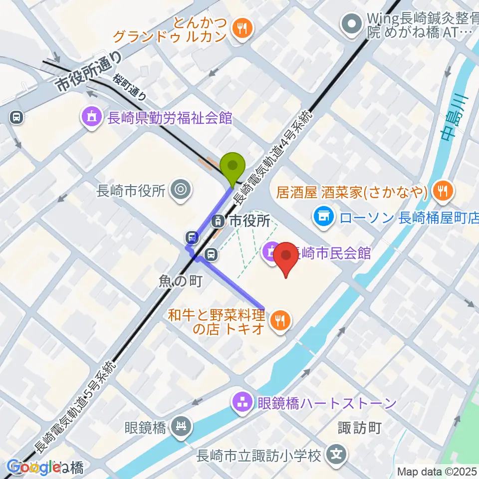 長崎市民会館の最寄駅市民会館駅からの徒歩ルート（約2分）地図