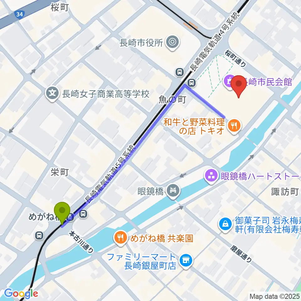 めがね橋駅から長崎市民会館へのルートマップ地図