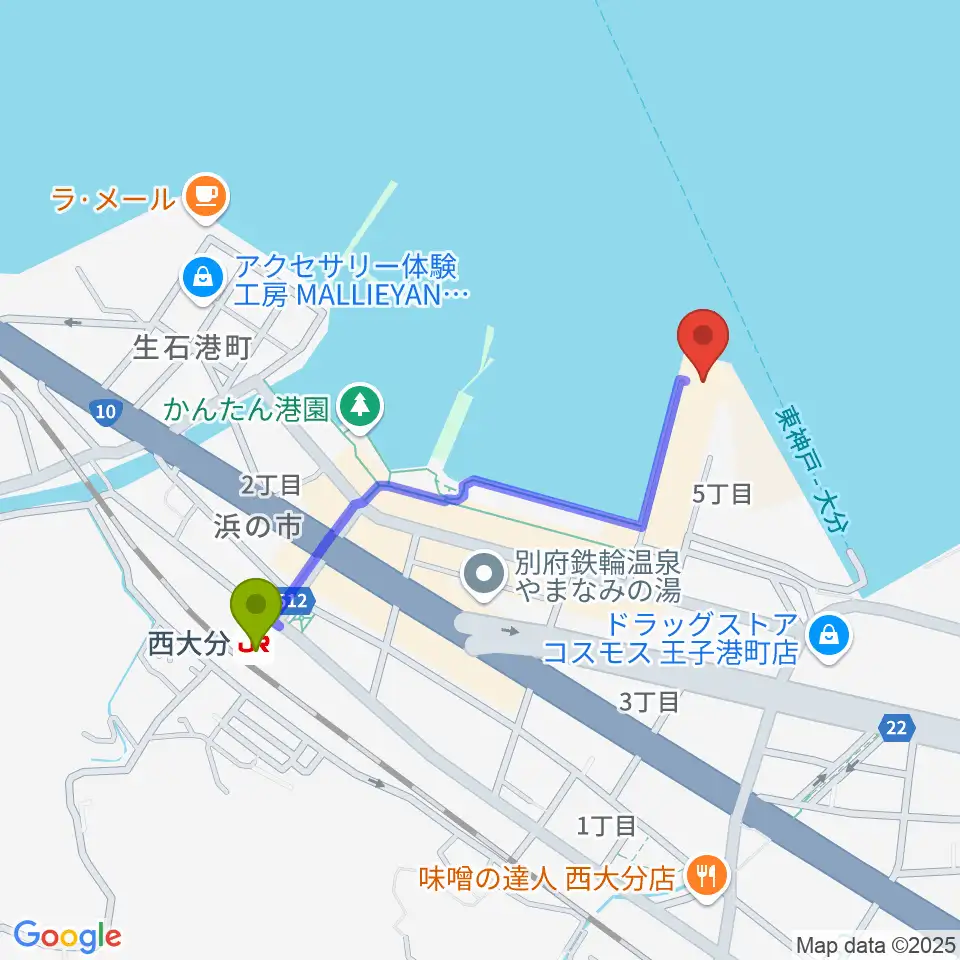 T.O.P.S Bitts HALLの最寄駅西大分駅からの徒歩ルート（約9分）地図