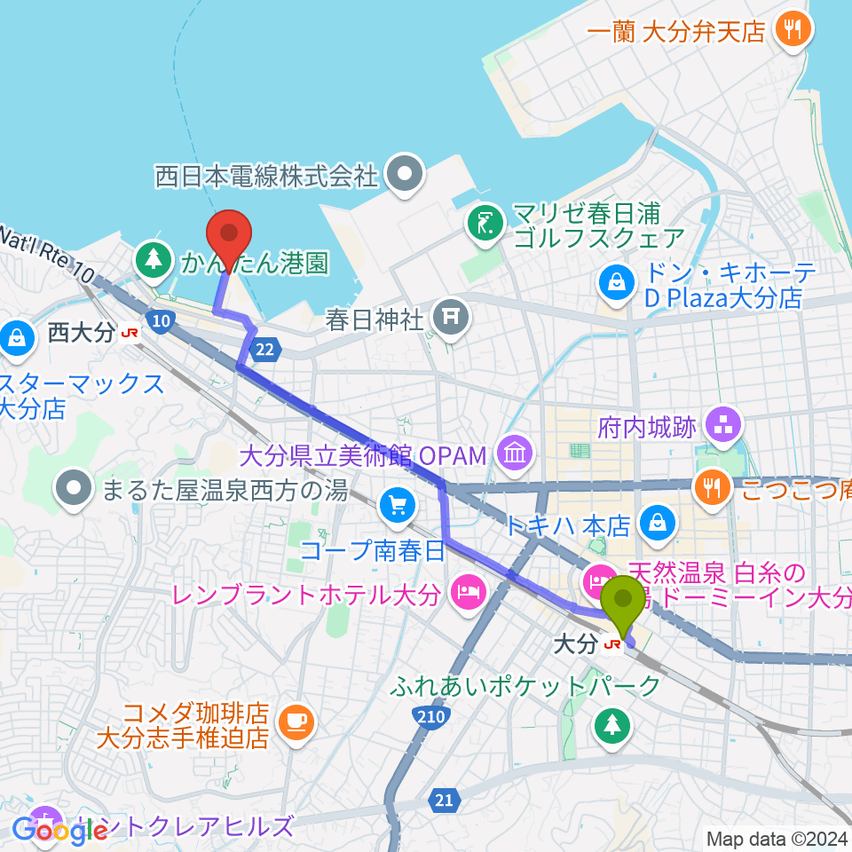 大分駅から西大分T.O.P.S Bitts HALLへのルートマップ地図