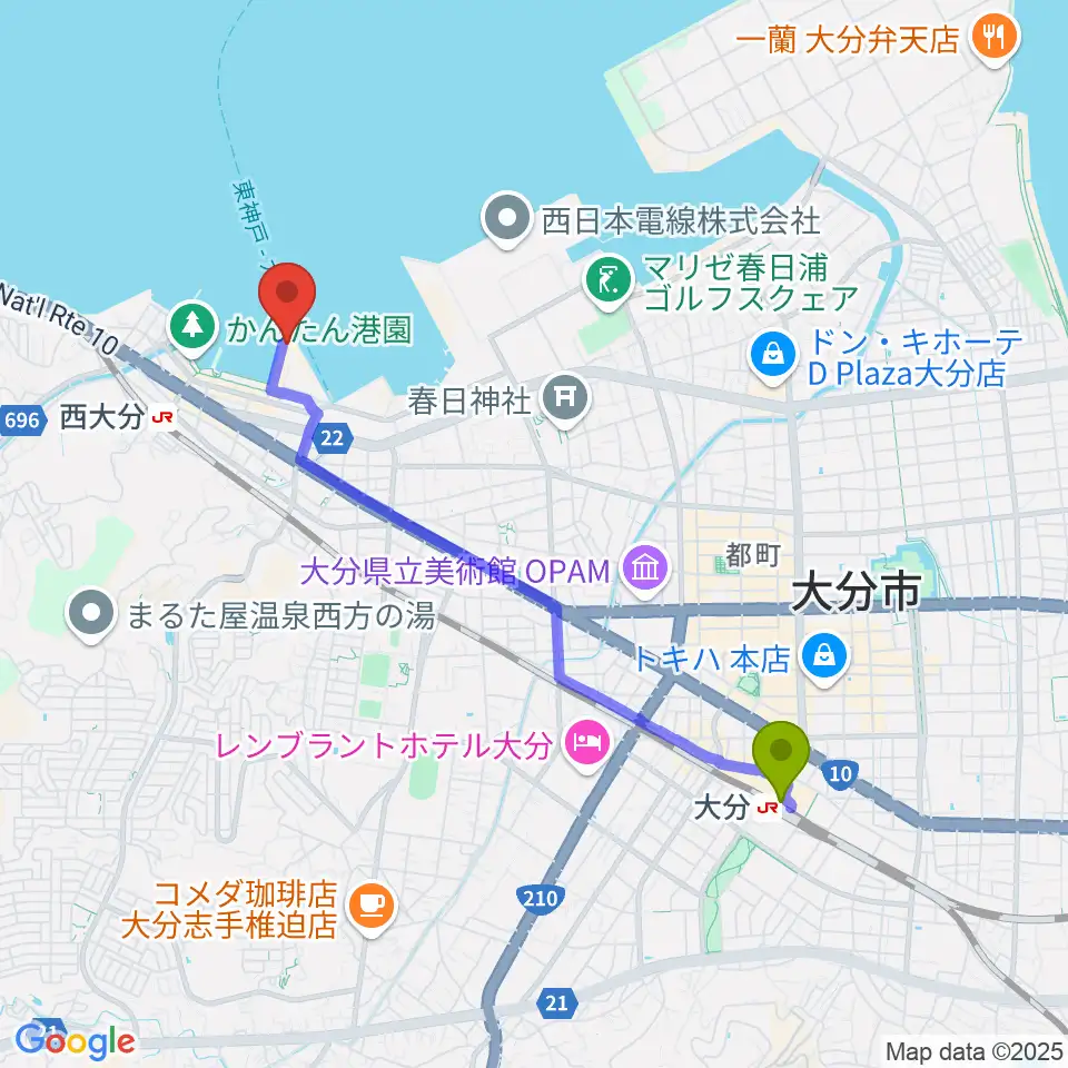大分駅からT.O.P.S Bitts HALLへのルートマップ地図