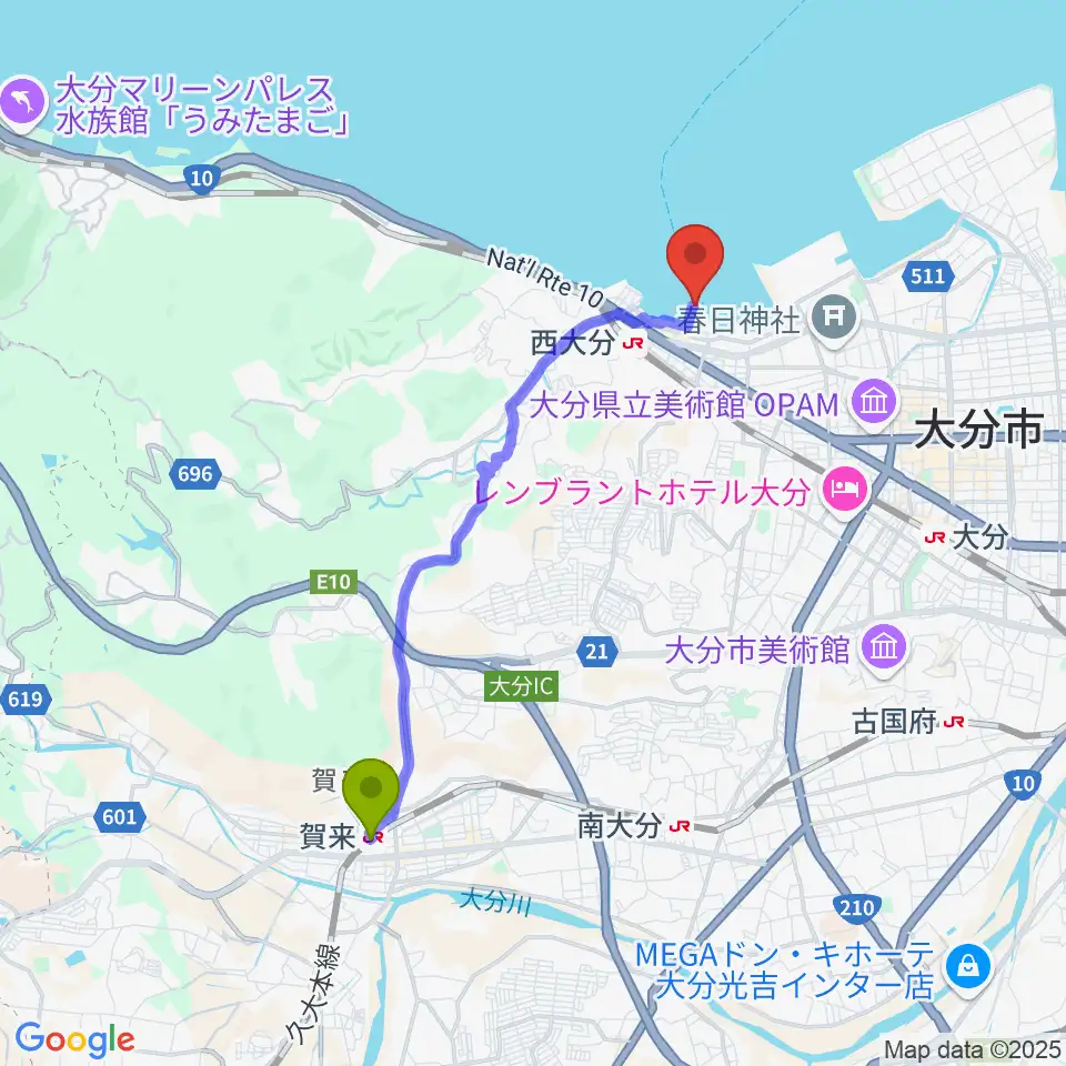 賀来駅からT.O.P.S Bitts HALLへのルートマップ地図
