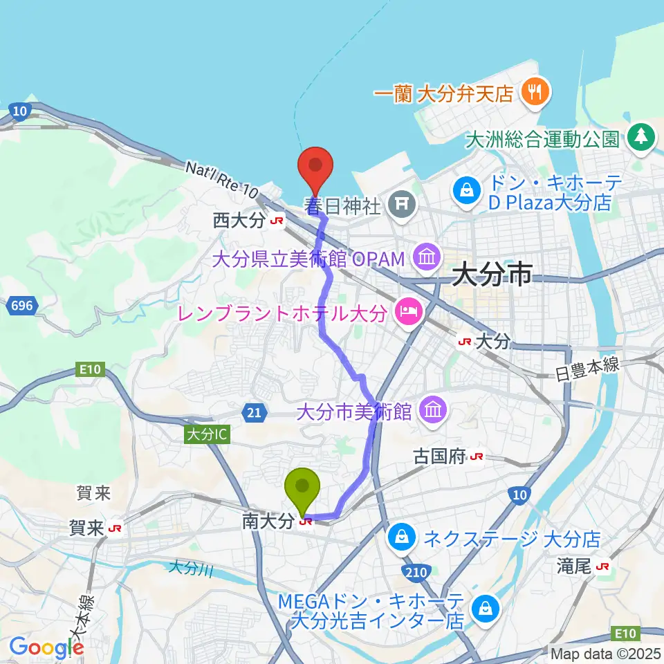 南大分駅からT.O.P.S Bitts HALLへのルートマップ地図