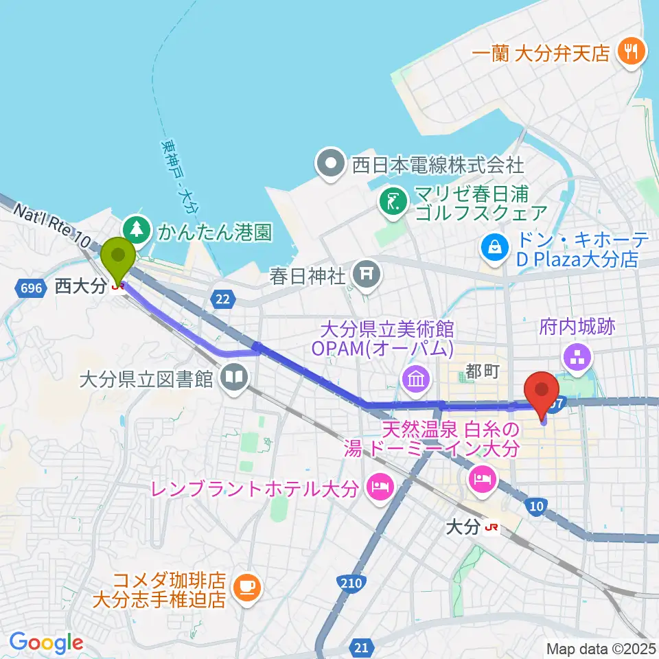 西大分駅から大分club SPOTへのルートマップ地図