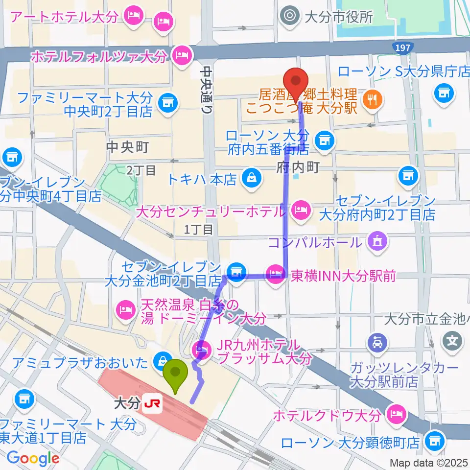 大分club SPOTの最寄駅大分駅からの徒歩ルート（約11分）地図