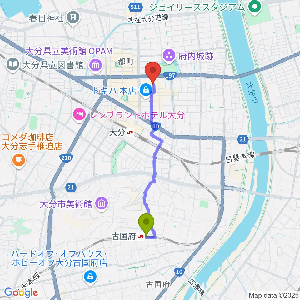 古国府駅から大分club SPOTへのルートマップ地図