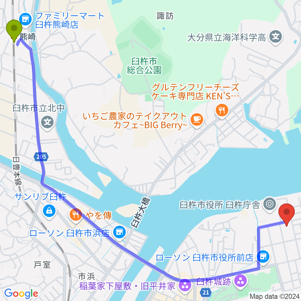 熊崎駅から臼杵市民会館へのルートマップ地図