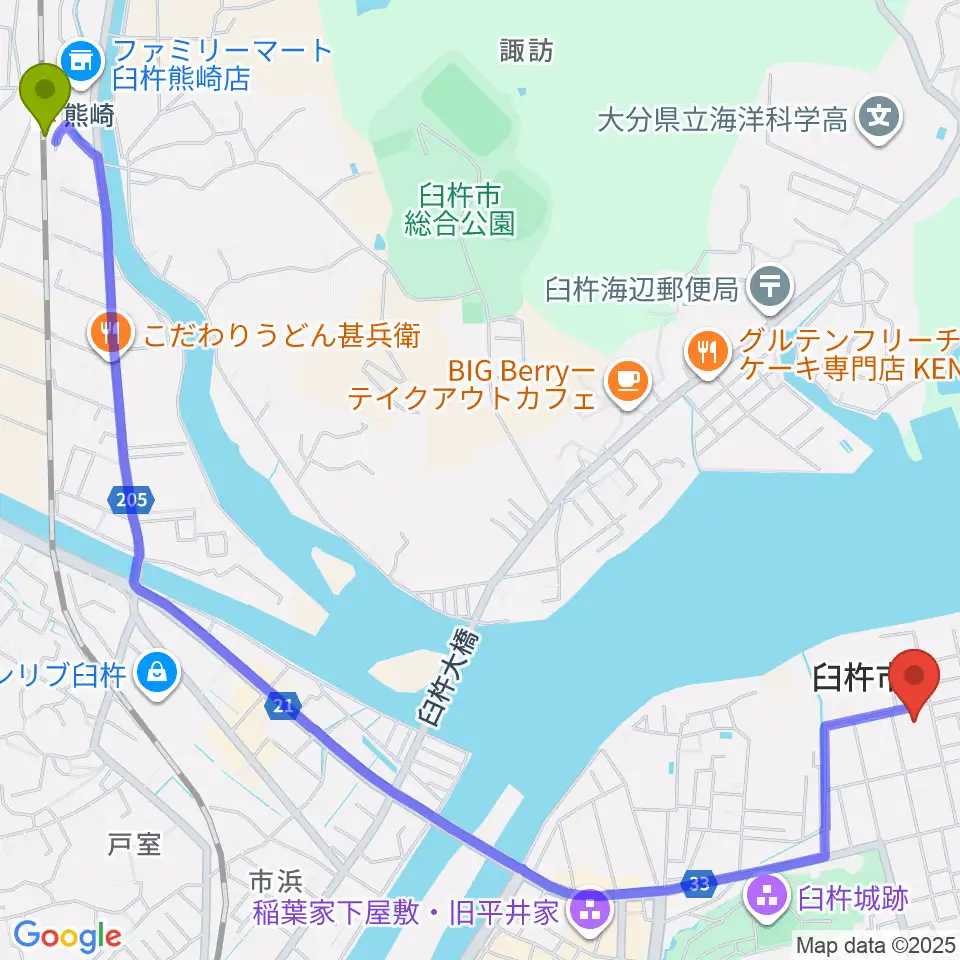 熊崎駅から臼杵市民会館へのルートマップ地図