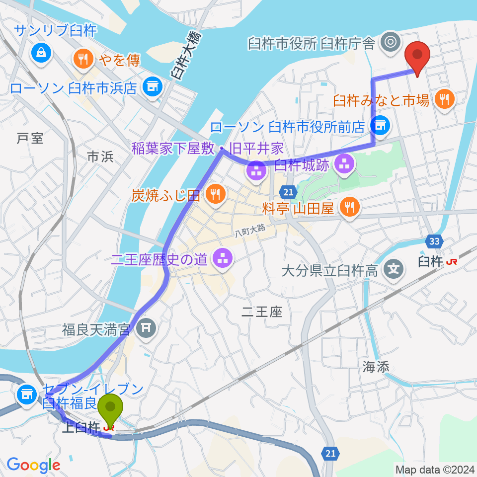 上臼杵駅から臼杵市民会館へのルートマップ地図