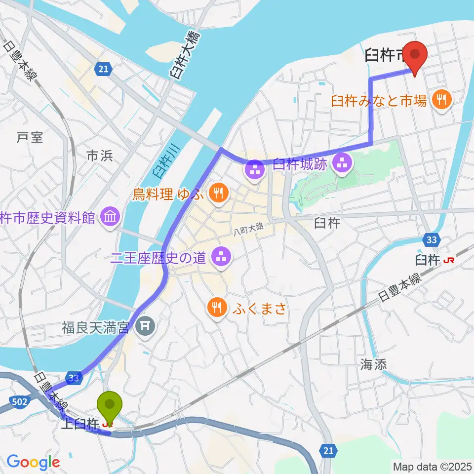 上臼杵駅から臼杵市民会館へのルートマップ地図