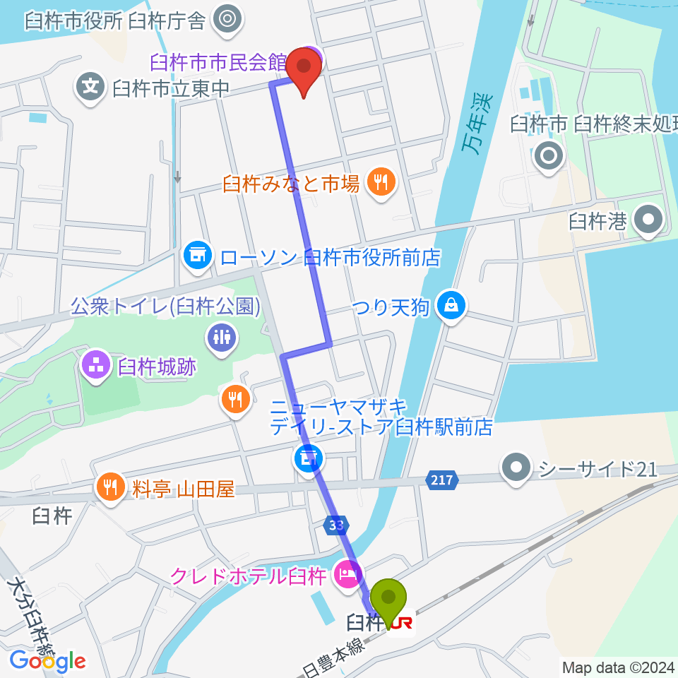 臼杵市民会館の最寄駅臼杵駅からの徒歩ルート（約13分）地図