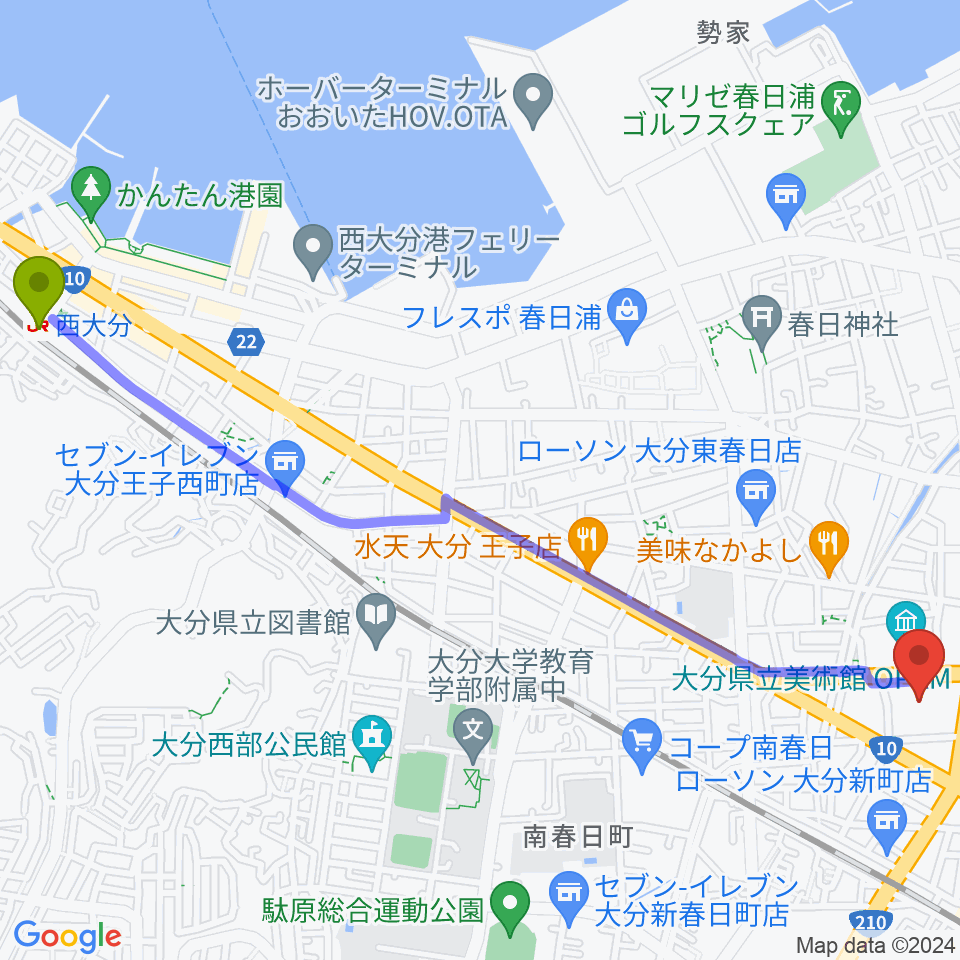 西大分駅からiichiko総合文化センターへのルートマップ地図