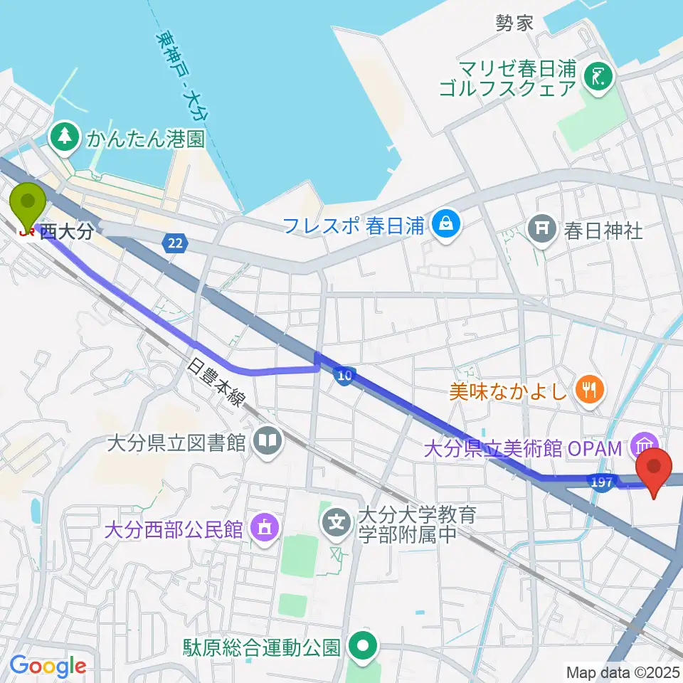 西大分駅からiichiko総合文化センターへのルートマップ地図