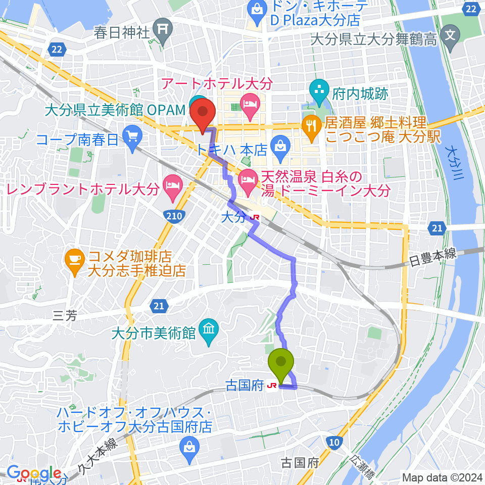 古国府駅からiichiko総合文化センターへのルートマップ地図