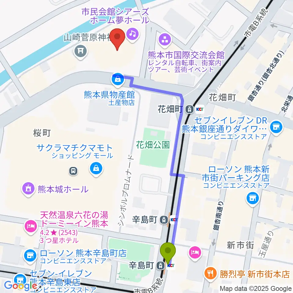 辛島町駅から市民会館シアーズホーム夢ホールへのルートマップ地図