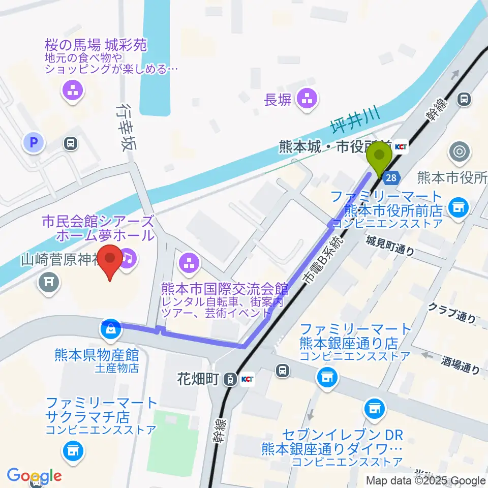 熊本城・市役所前駅から市民会館シアーズホーム夢ホールへのルートマップ地図