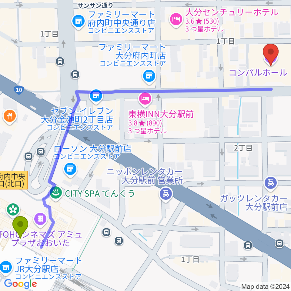 コンパルホールの最寄駅大分駅からの徒歩ルート（約8分）地図