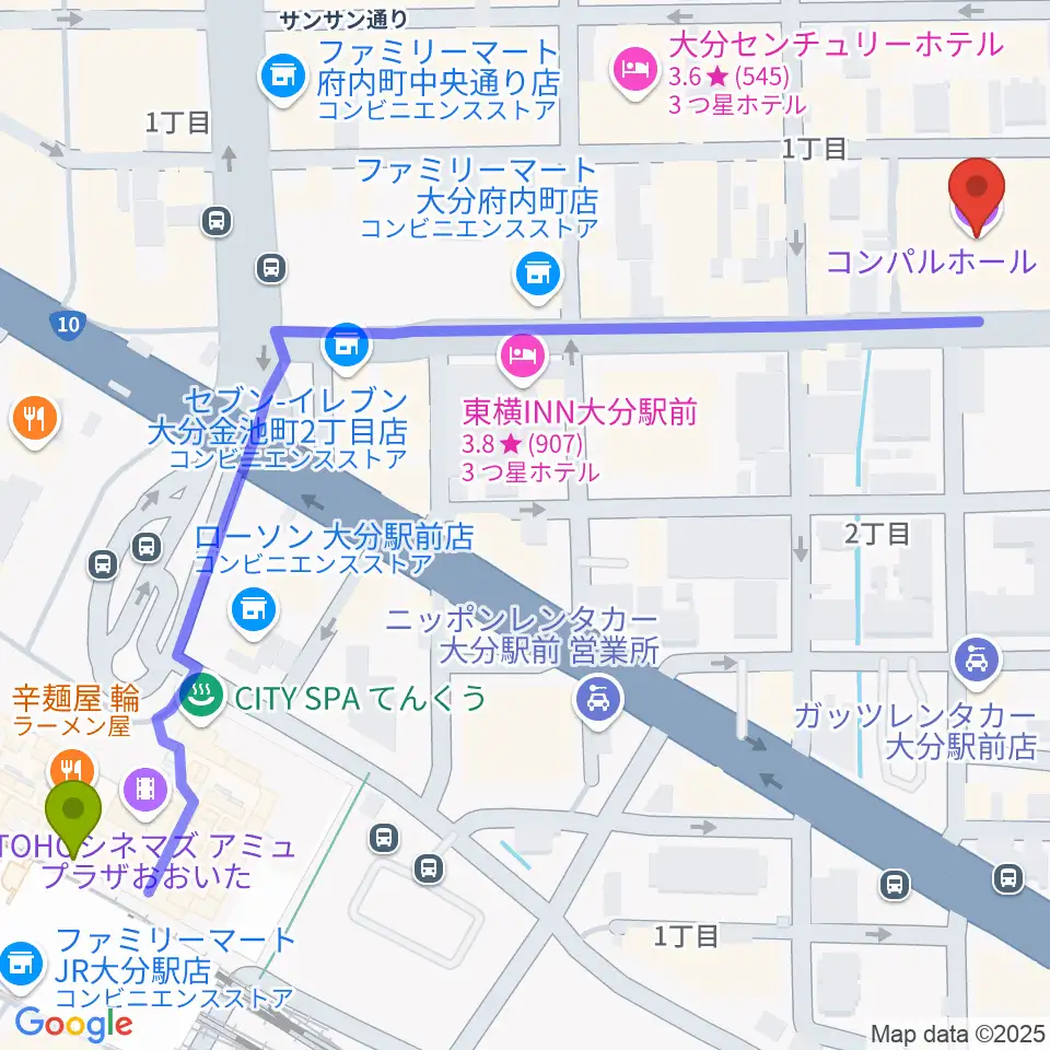 コンパルホールの最寄駅大分駅からの徒歩ルート（約8分）地図