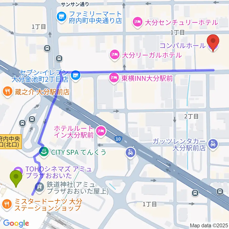 コンパルホールの最寄駅大分駅からの徒歩ルート（約8分）地図