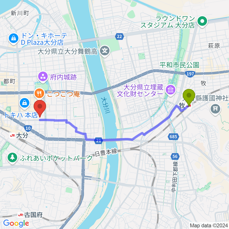 牧駅からコンパルホールへのルートマップ地図