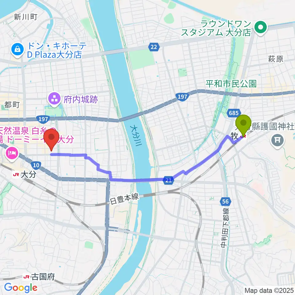 牧駅からコンパルホールへのルートマップ地図