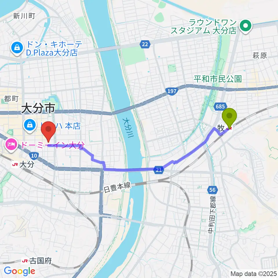 牧駅からコンパルホールへのルートマップ地図