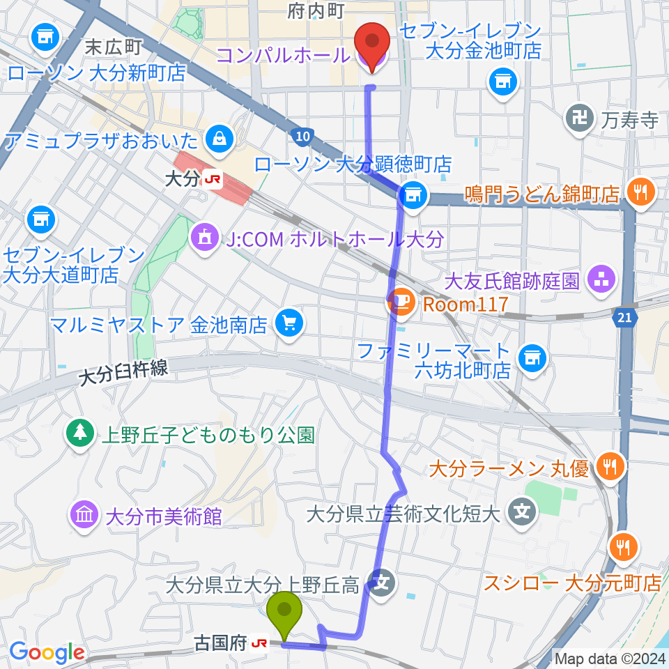 古国府駅からコンパルホールへのルートマップ地図