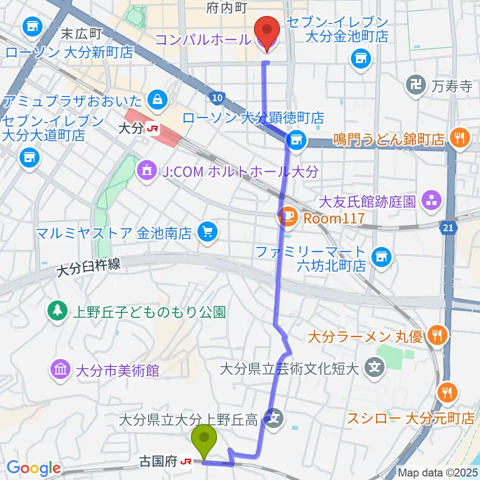 古国府駅からコンパルホールへのルートマップ地図