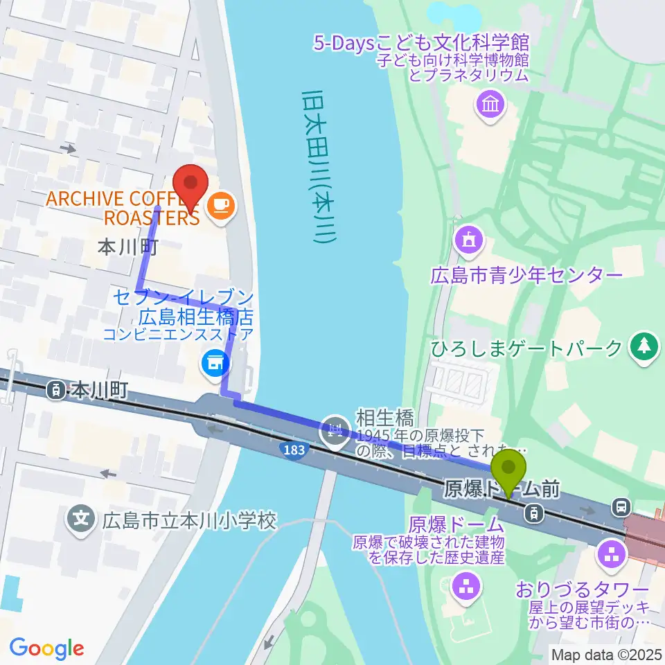 原爆ドーム前駅からWAKOゲバントホールへのルートマップ地図