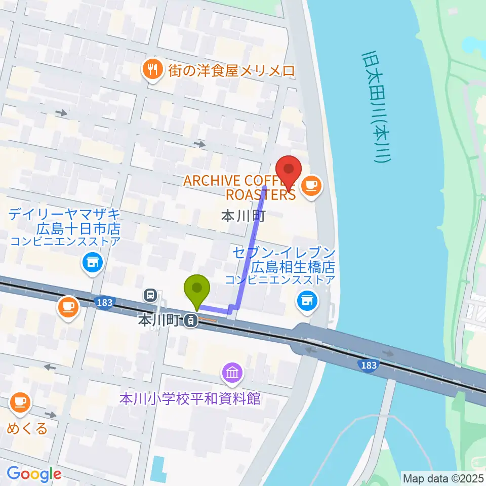 WAKOゲバントホールの最寄駅本川町駅からの徒歩ルート（約2分）地図