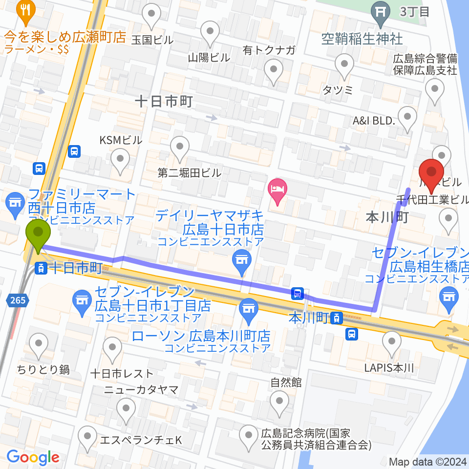十日市町駅からWAKOゲバントホールへのルートマップ地図