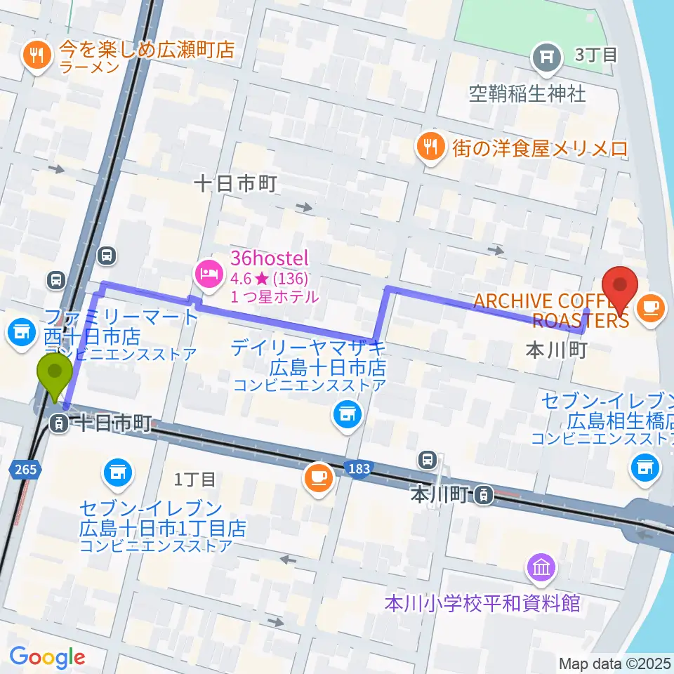 十日市町駅からWAKOゲバントホールへのルートマップ地図