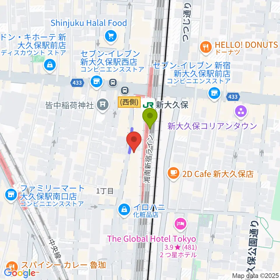 クロサワ楽器 日本総本店の最寄駅新大久保駅からの徒歩ルート（約1分）地図