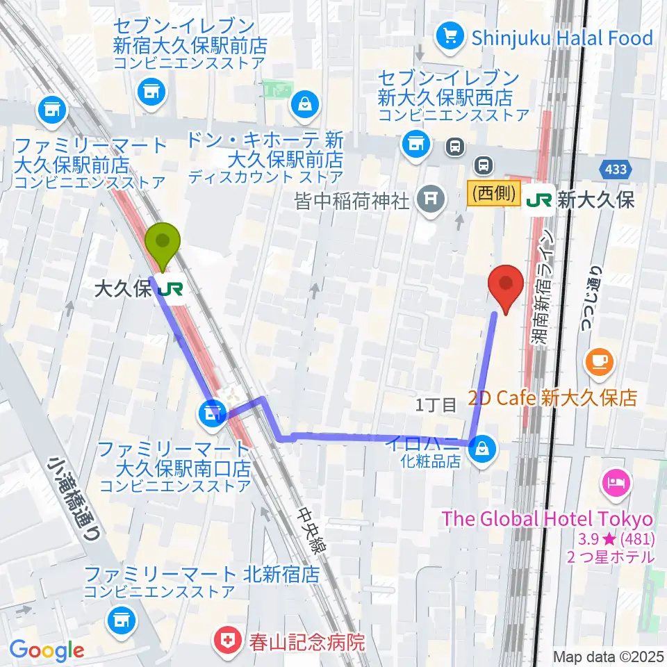 大久保駅からクロサワ楽器 日本総本店へのルートマップ地図