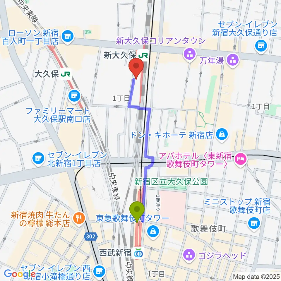 西武新宿駅からクロサワ楽器 日本総本店へのルートマップ地図